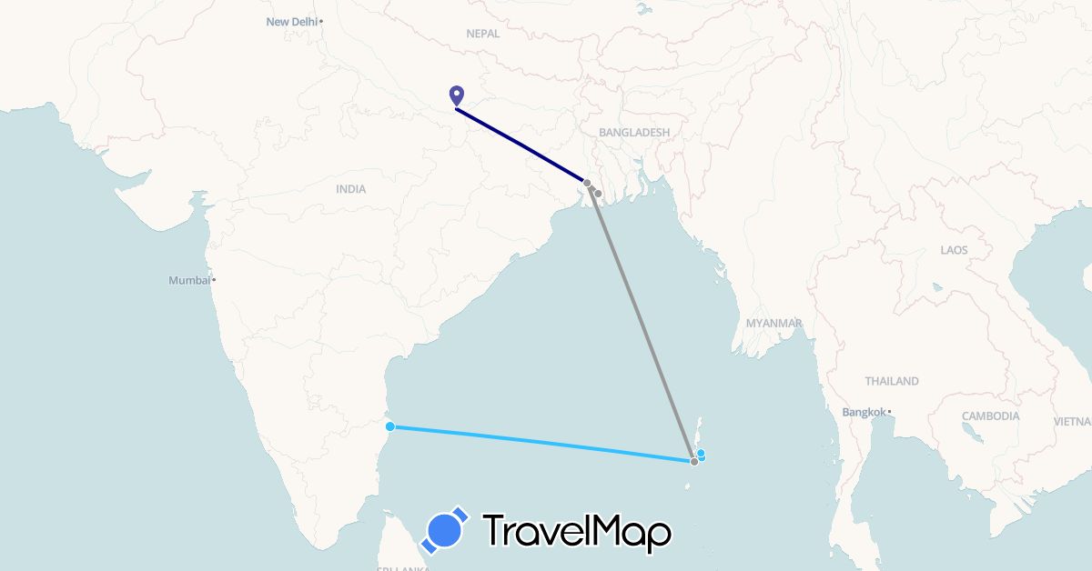 TravelMap itinerary: driving, plane, boat in India (Asia)